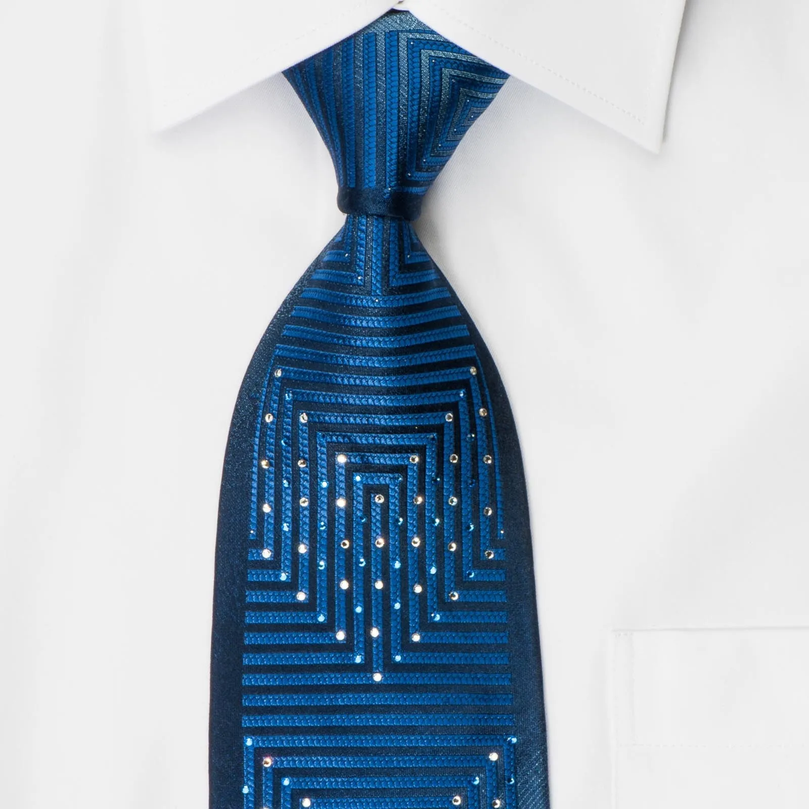 Renoma Crystal Rhinestone Necktie Geometric On Blue With Silver Sparkles