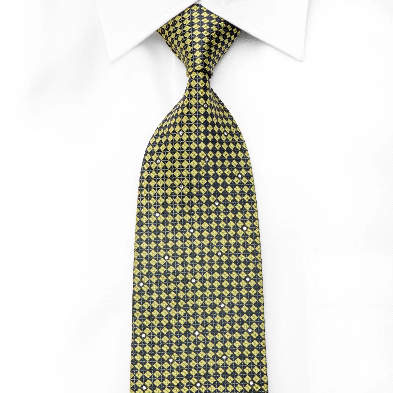 Renoma Men's Crystal Rhinestone Silk Necktie Yellow Navy Checkered With Green Sparkles