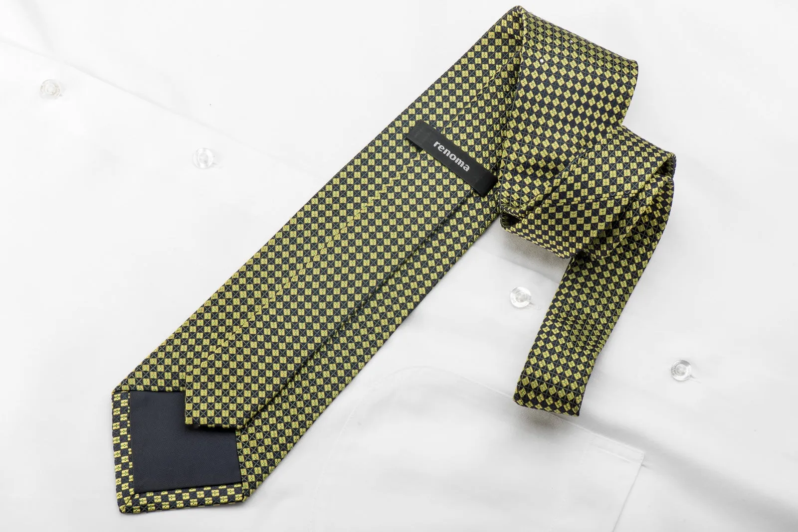 Renoma Men's Crystal Rhinestone Silk Necktie Yellow Navy Checkered With Green Sparkles