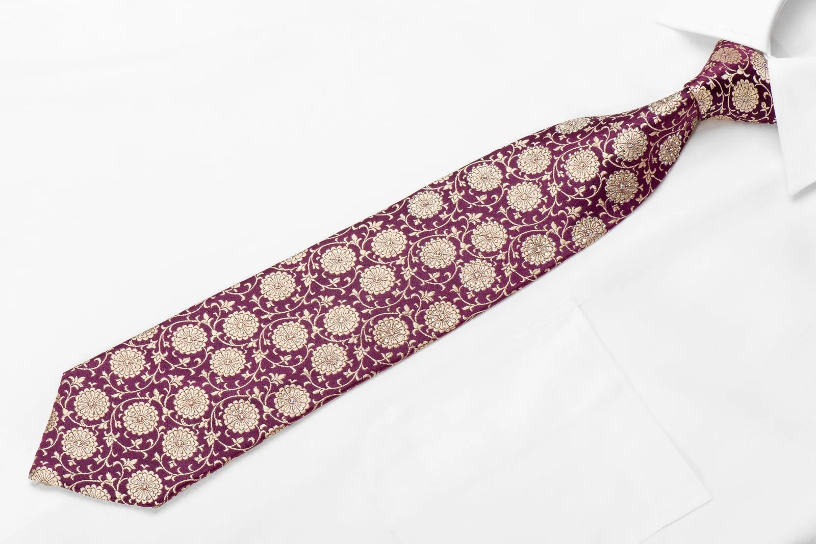 Renoma Men's Crystal Silk Necktie Gold Floral On Burgundy With Sparkles