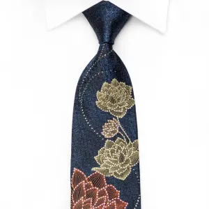 Renoma Men's Crystal Silk Tie Floral On Blue Sparkling With Rhinestones