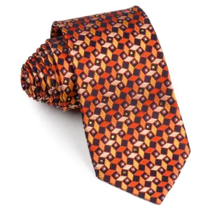 Renoma Silk Neck Tie Geometric Design In Brown Orange & Yellow With Rhinestones