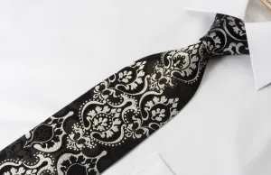 Renoma Silk Rhinestone Necktie Silver Damask On Black With Silver Sparkles