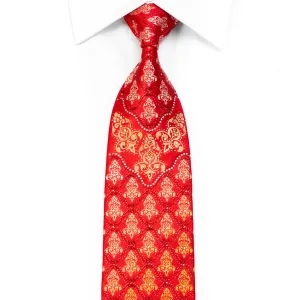 Rhinestone Silk Tie Gold Damask On Red With Sparkles