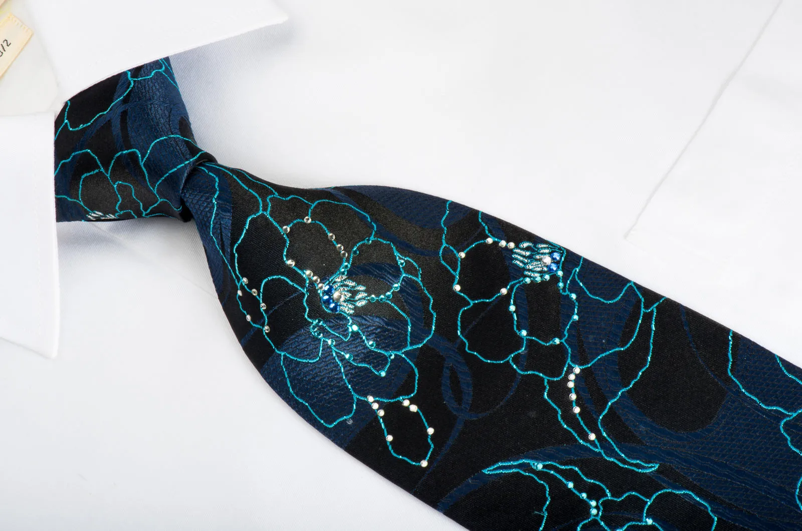 Roberta di Camerino Rhinestone Silk Necktie Turquoise Floral On Blue With Sparkles