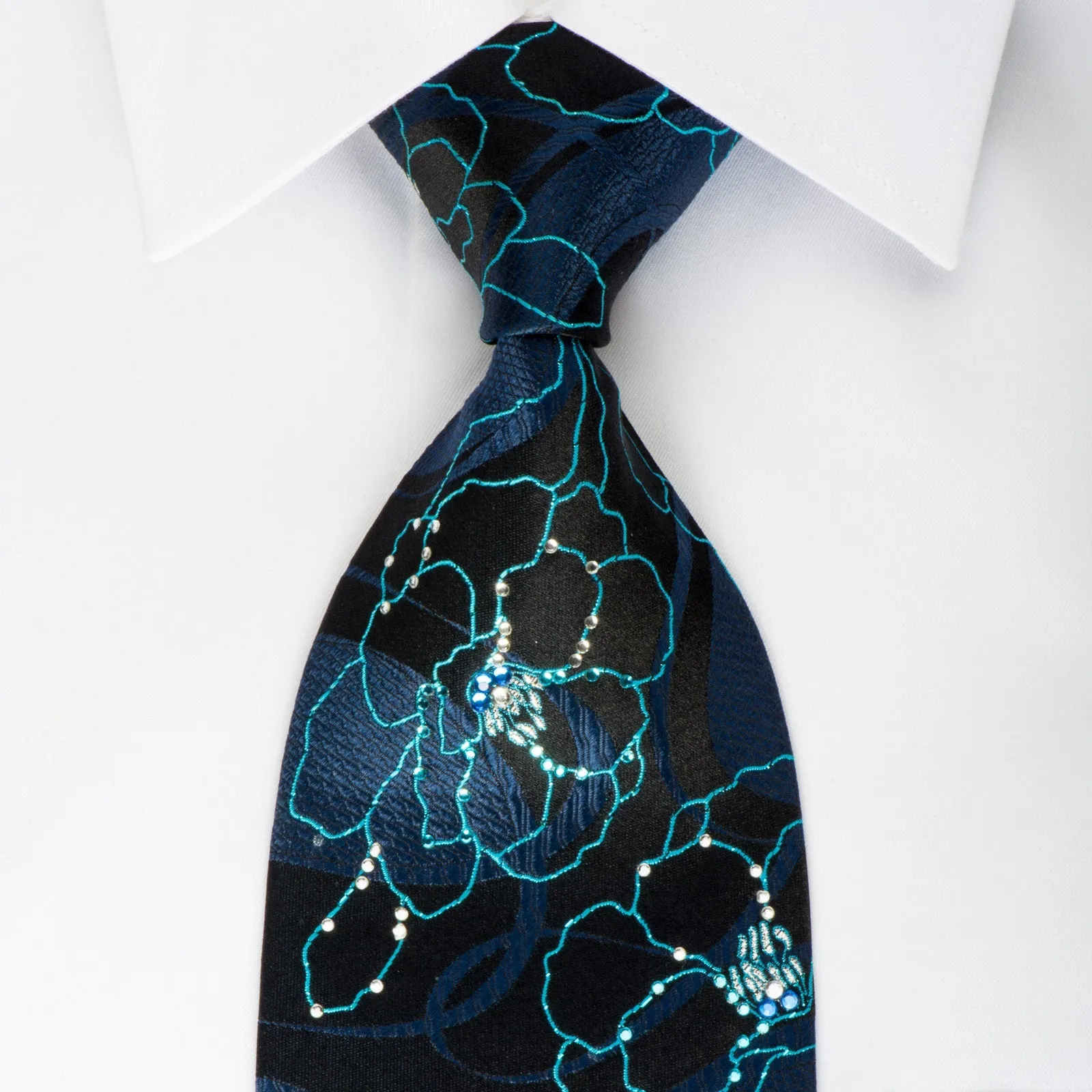 Roberta di Camerino Rhinestone Silk Necktie Turquoise Floral On Blue With Sparkles