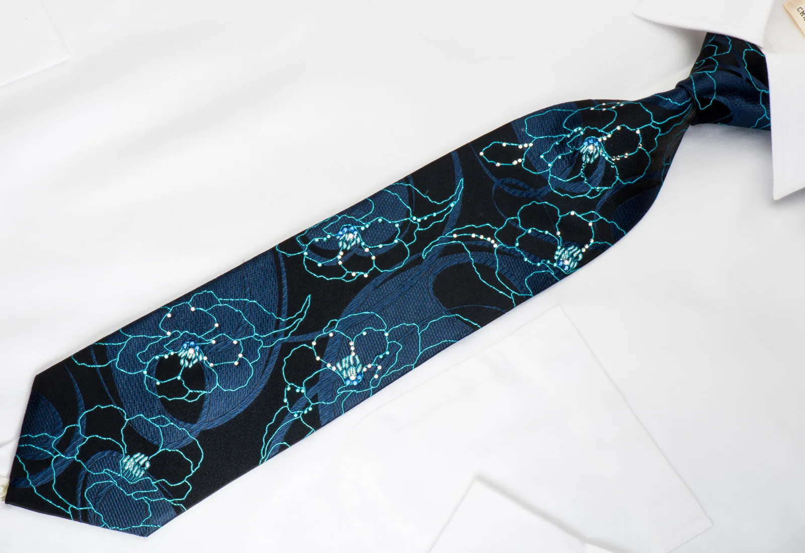 Roberta di Camerino Rhinestone Silk Necktie Turquoise Floral On Blue With Sparkles