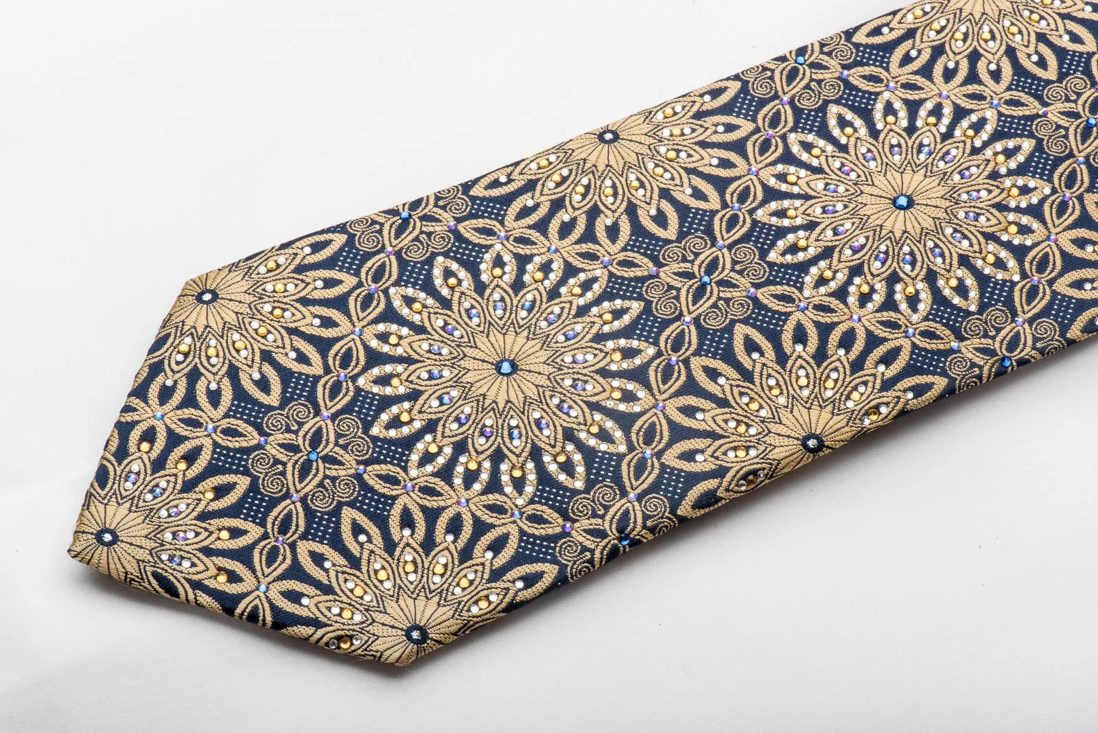 Roygen Men's Silk Tie Golden Geometric Floral On Navy Sparkling With Rhinestones