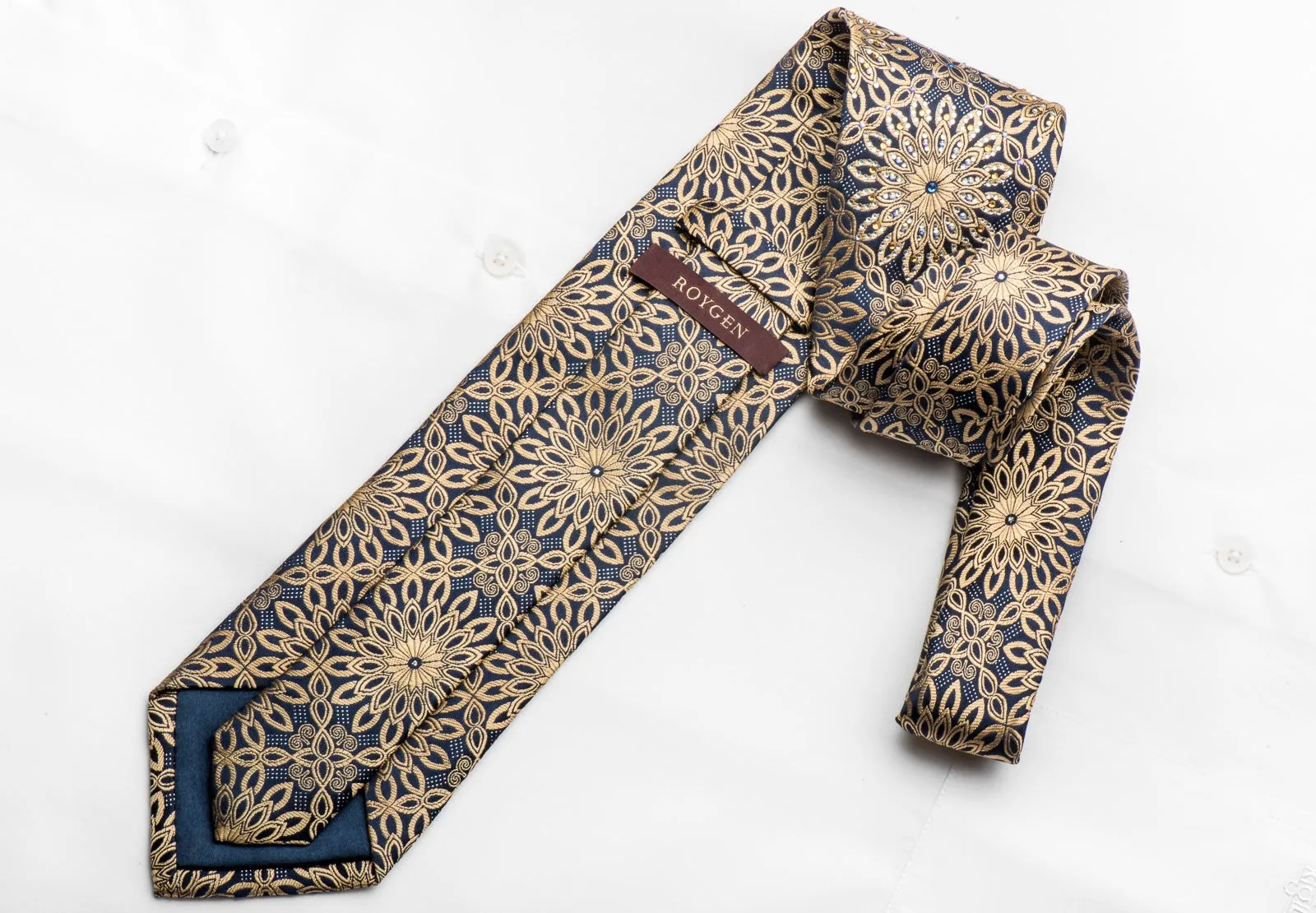 Roygen Men's Silk Tie Golden Geometric Floral On Navy Sparkling With Rhinestones