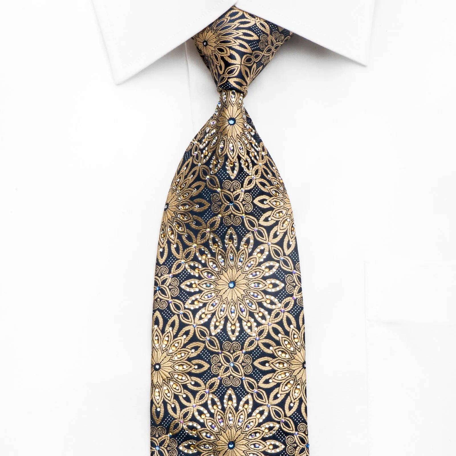 Roygen Men's Silk Tie Golden Geometric Floral On Navy Sparkling With Rhinestones