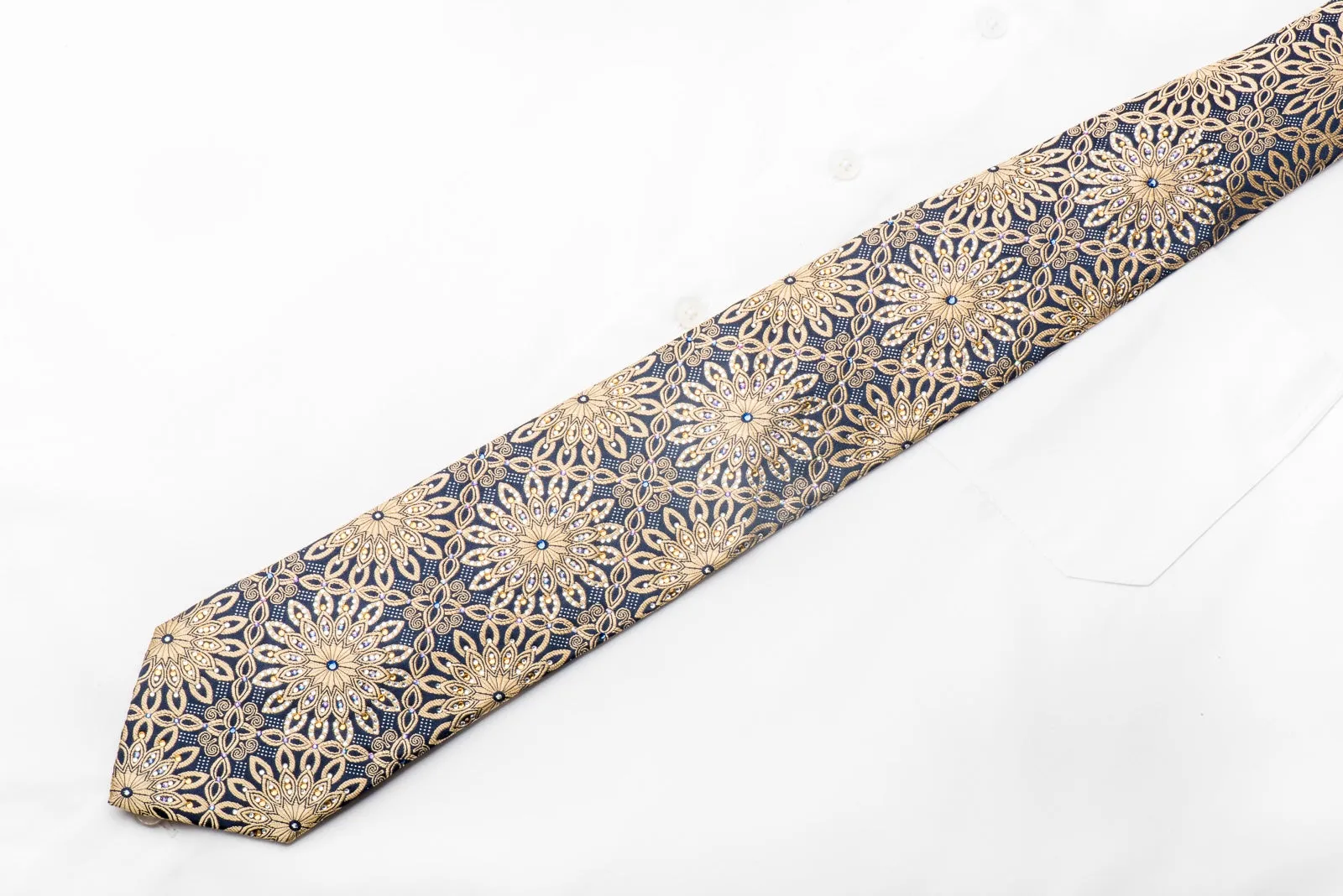 Roygen Men's Silk Tie Golden Geometric Floral On Navy Sparkling With Rhinestones