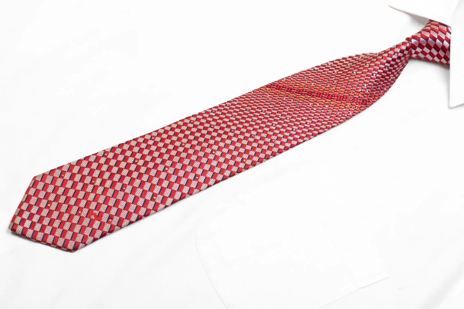 Silk Necktie Silver Red Geometric Checker With Rhinestones & Sparkles