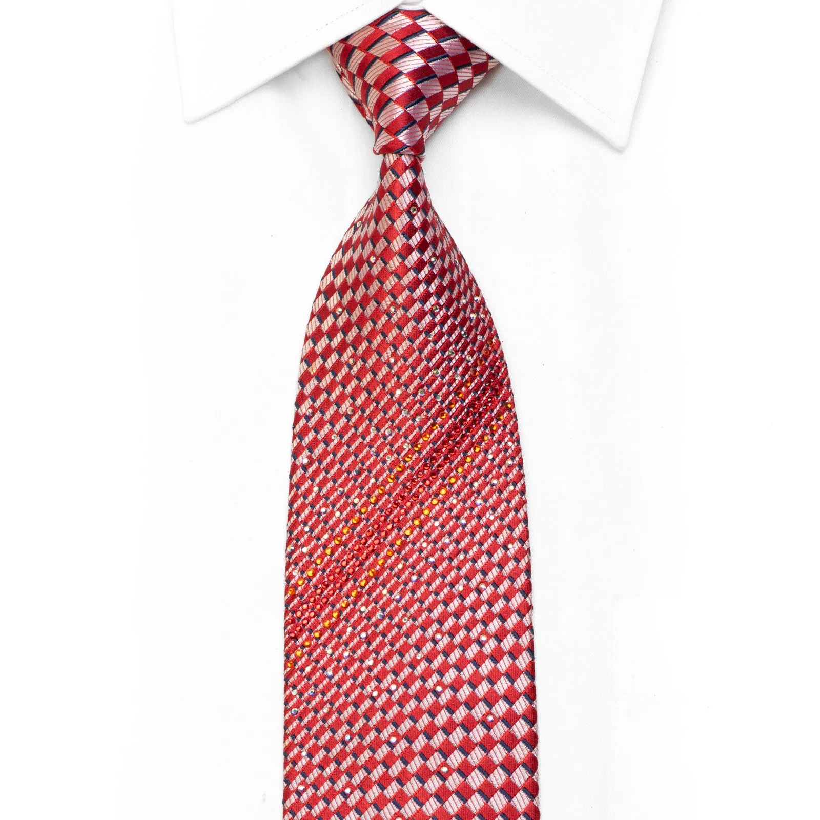 Silk Necktie Silver Red Geometric Checker With Rhinestones & Sparkles