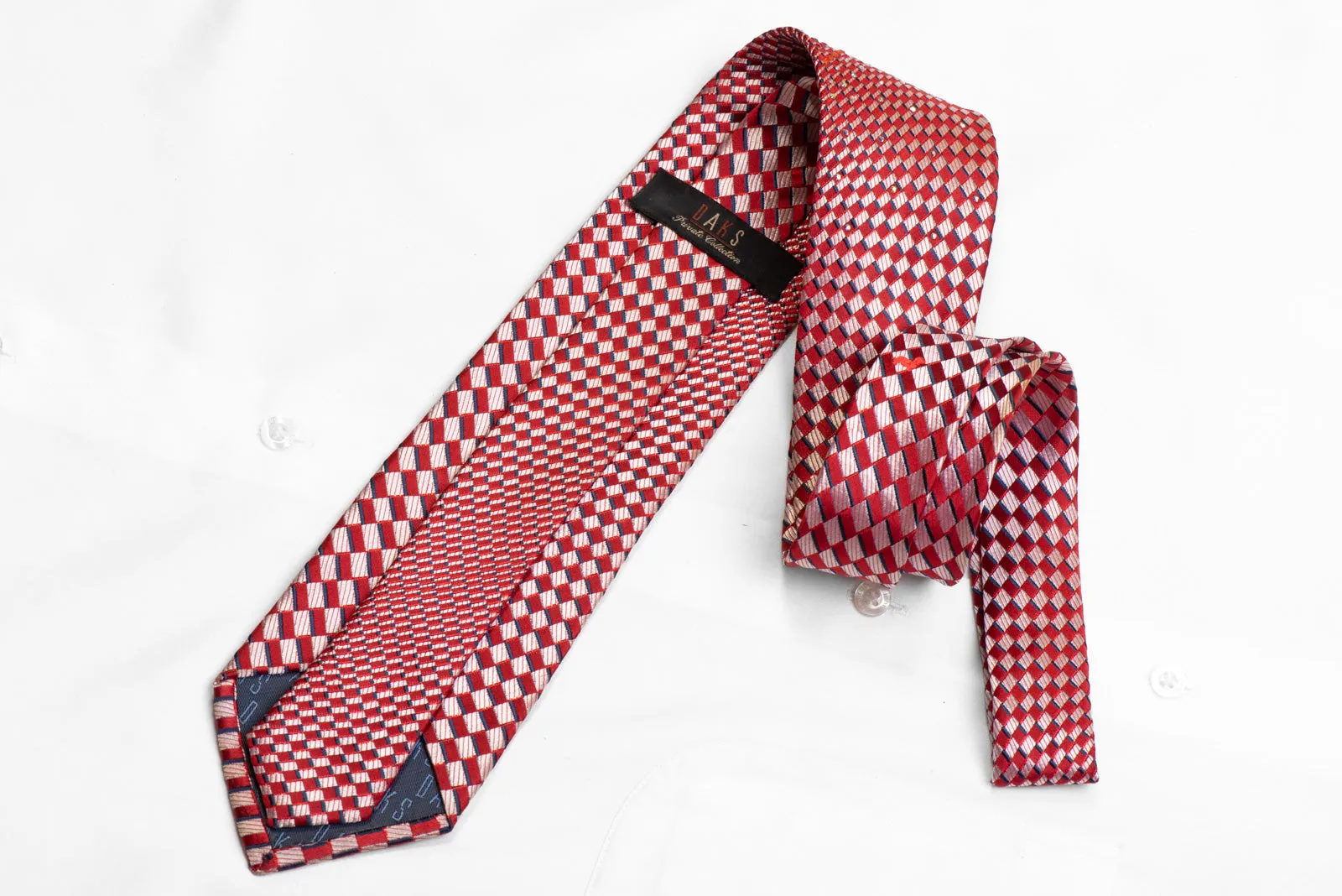 Silk Necktie Silver Red Geometric Checker With Rhinestones & Sparkles