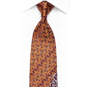 Silver Acanthus Scrolls Orange Floral On Burgundy Rhinestone Silk Necktie