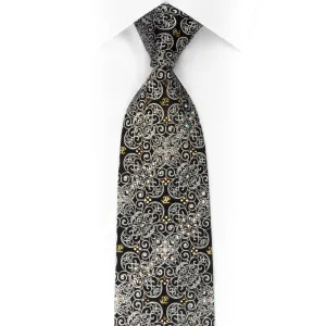 Silver Filigree On Black With Sparkling Rhinestones Silk Necktie