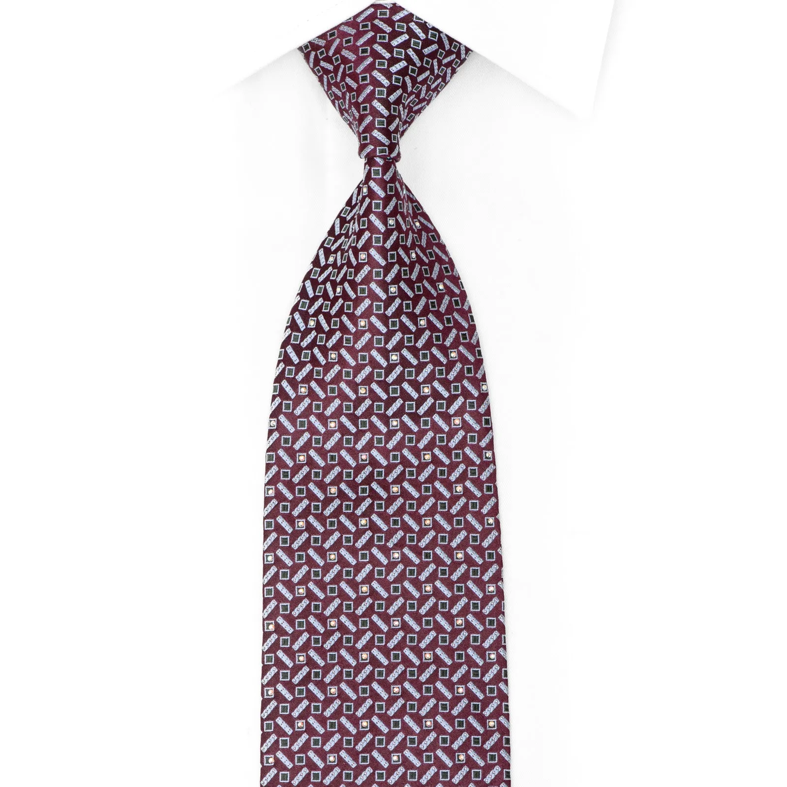 Silver Geometric On Burgundy Rhinestone Silk Necktie With Silver Sparkles