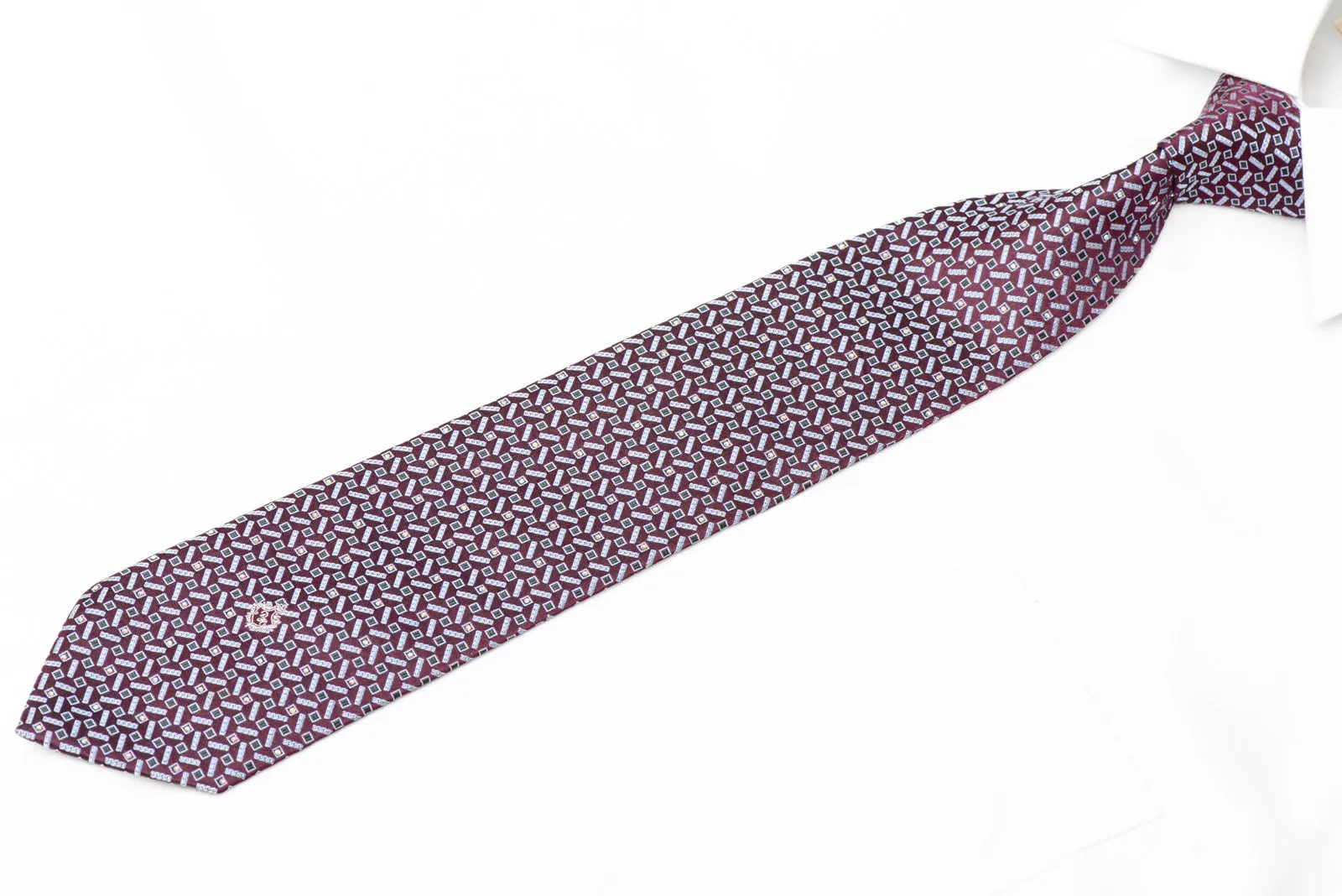 Silver Geometric On Burgundy Rhinestone Silk Necktie With Silver Sparkles