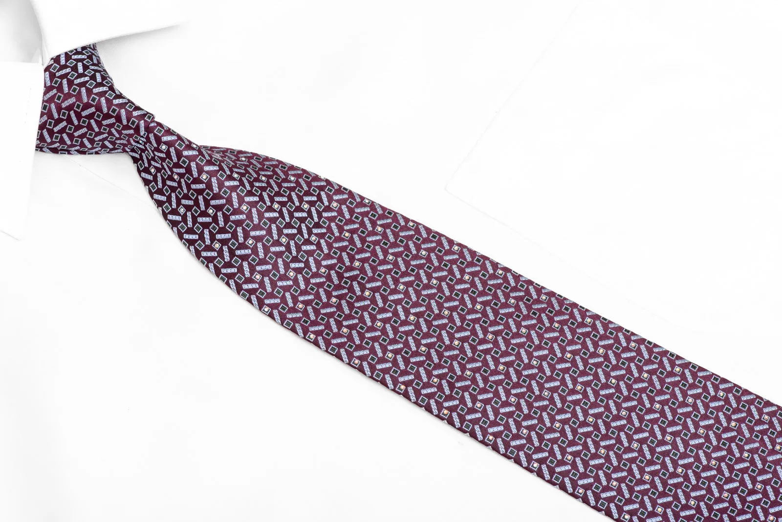 Silver Geometric On Burgundy Rhinestone Silk Necktie With Silver Sparkles