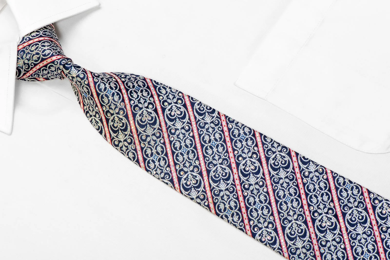 Silver Striped Cartouche On Navy Rhinestone Necktie With Sparkles