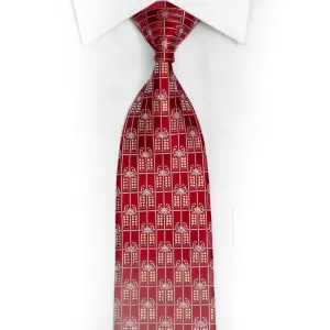 Silver Trellis & Cartouche On Red Rhinestone Silk Necktie With Sparkles