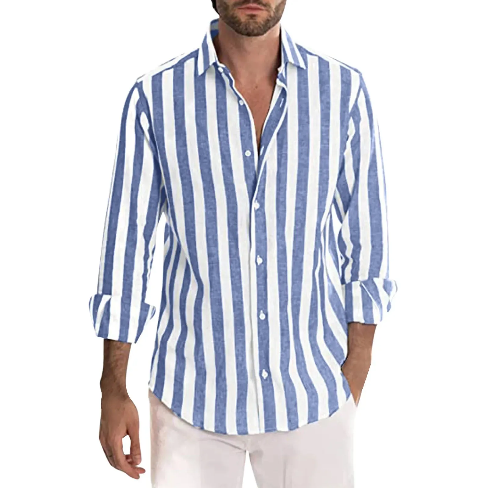 Summer Men's Linen Stripe Print Long Sleeve Shirt