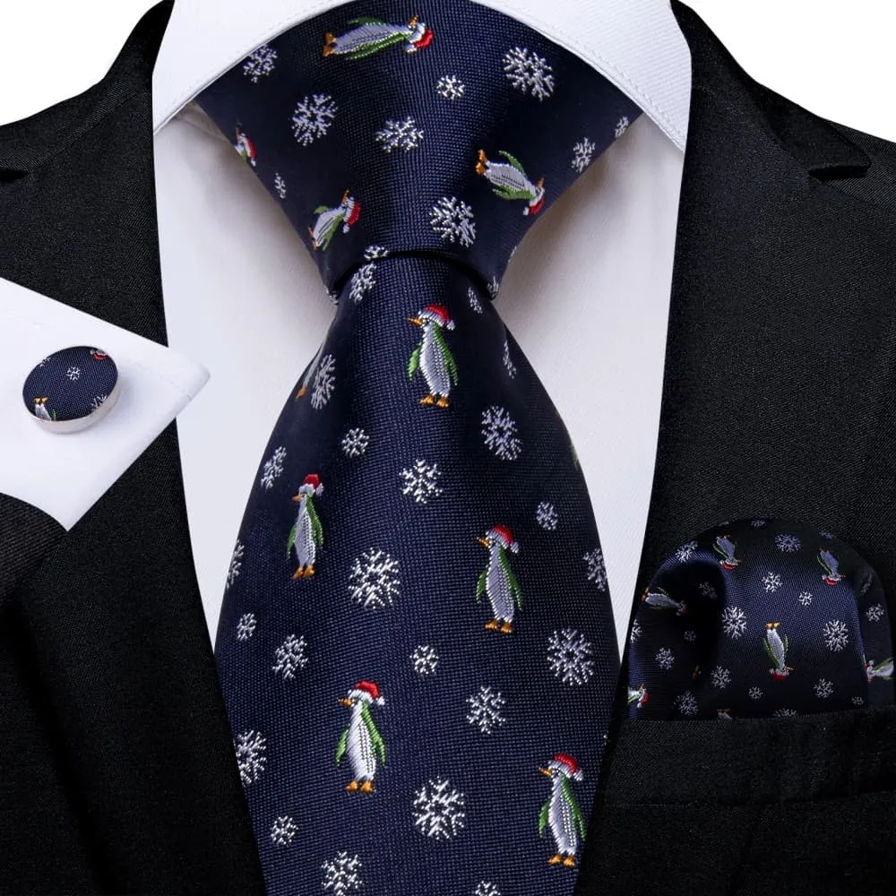 Ties2you Dark Blue Christmas Penguins Snowflake Necktie Pocket Square Cufflinks Set