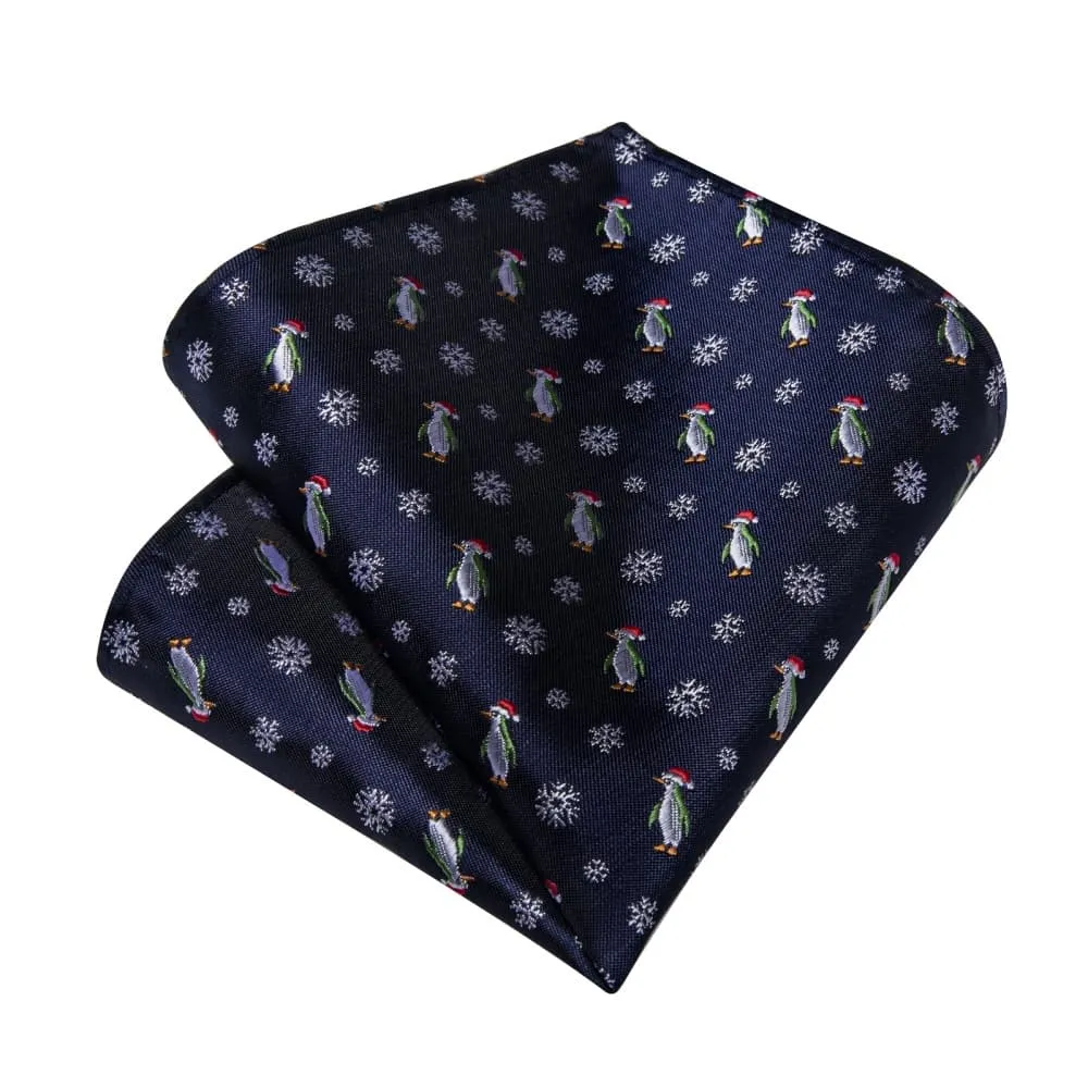 Ties2you Dark Blue Christmas Penguins Snowflake Necktie Pocket Square Cufflinks Set