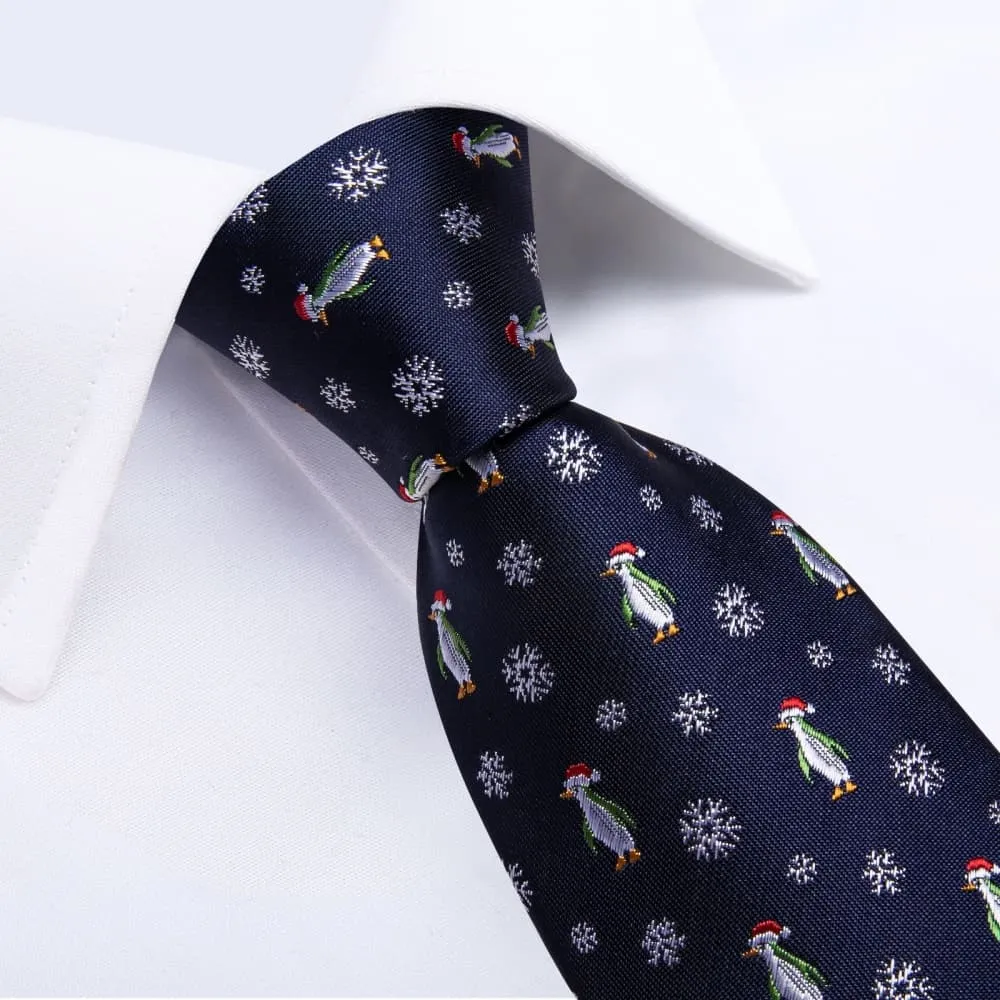 Ties2you Dark Blue Christmas Penguins Snowflake Necktie Pocket Square Cufflinks Set