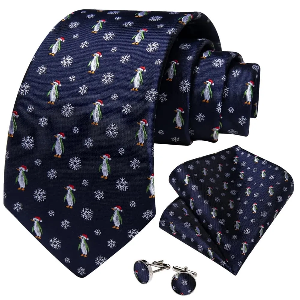 Ties2you Dark Blue Christmas Penguins Snowflake Necktie Pocket Square Cufflinks Set