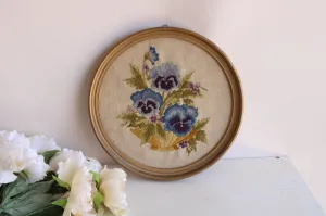 Vintage Framed Embroidered Pansies