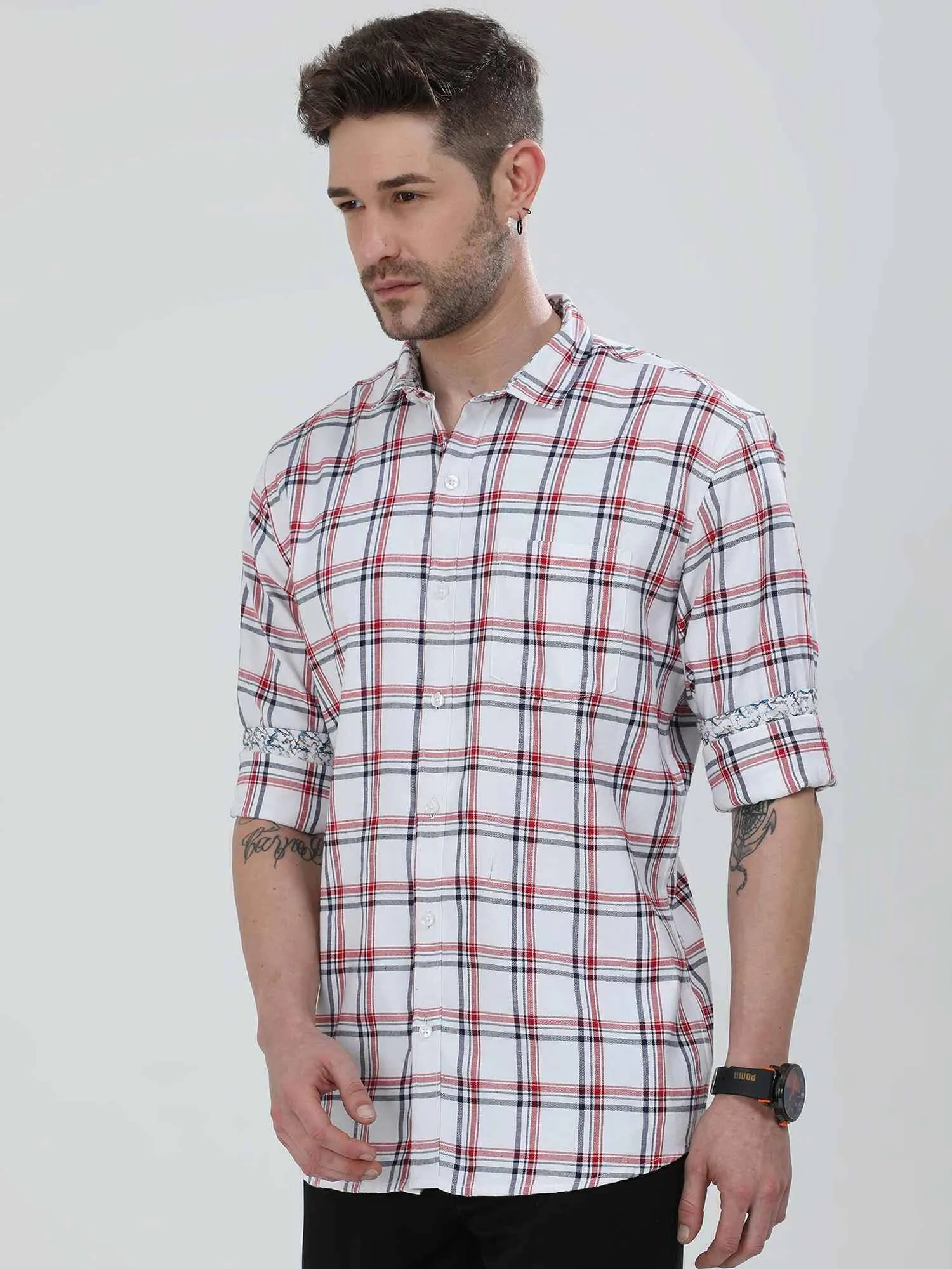 White and Red Checkered Cotton Shirt