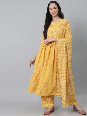 Women Yellow Printed Flared Kurta With Trouser & Dupatta