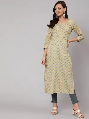 Women Yellow Thread Work Printed Straight Kurta With Three Quarter Sleeves